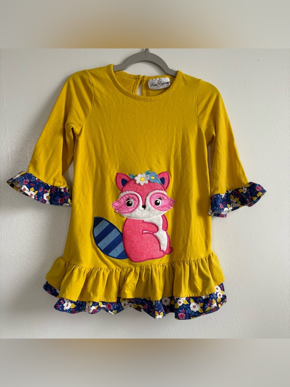 Rare Editions Fall Yellow Floral Knit Top Girls 6X Raccoon Applique Ruffle